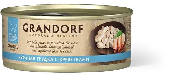 Grandorf Консервы для кошек Куриная грудка с креветками в бульоне 70г