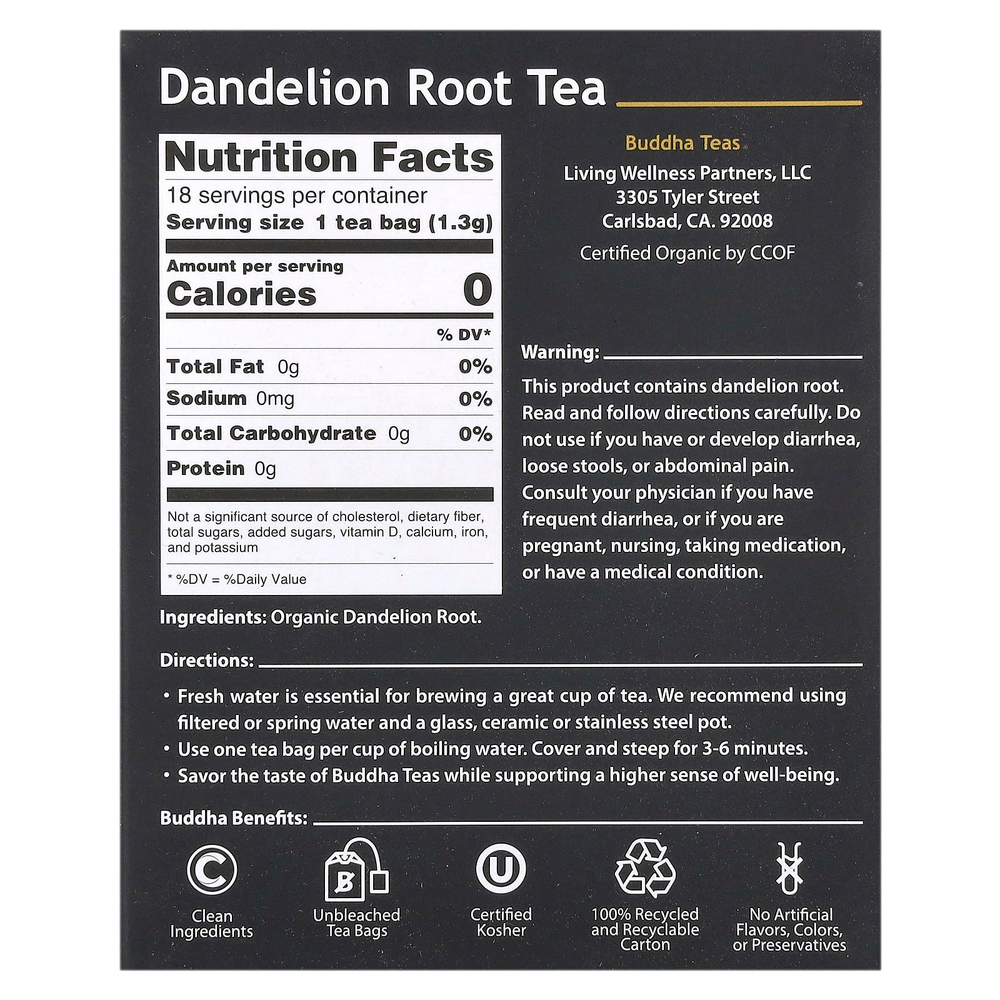 Buddha Teas, Organic Herbal Tea, корень одуванчика, без кофеина, 18 чайных пакетиков, 24 г (0,83 унции)