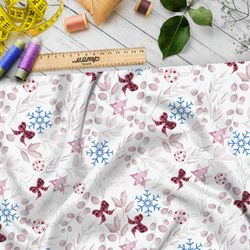 Ткань штапель красные листья, клетчатые банты и снежинки