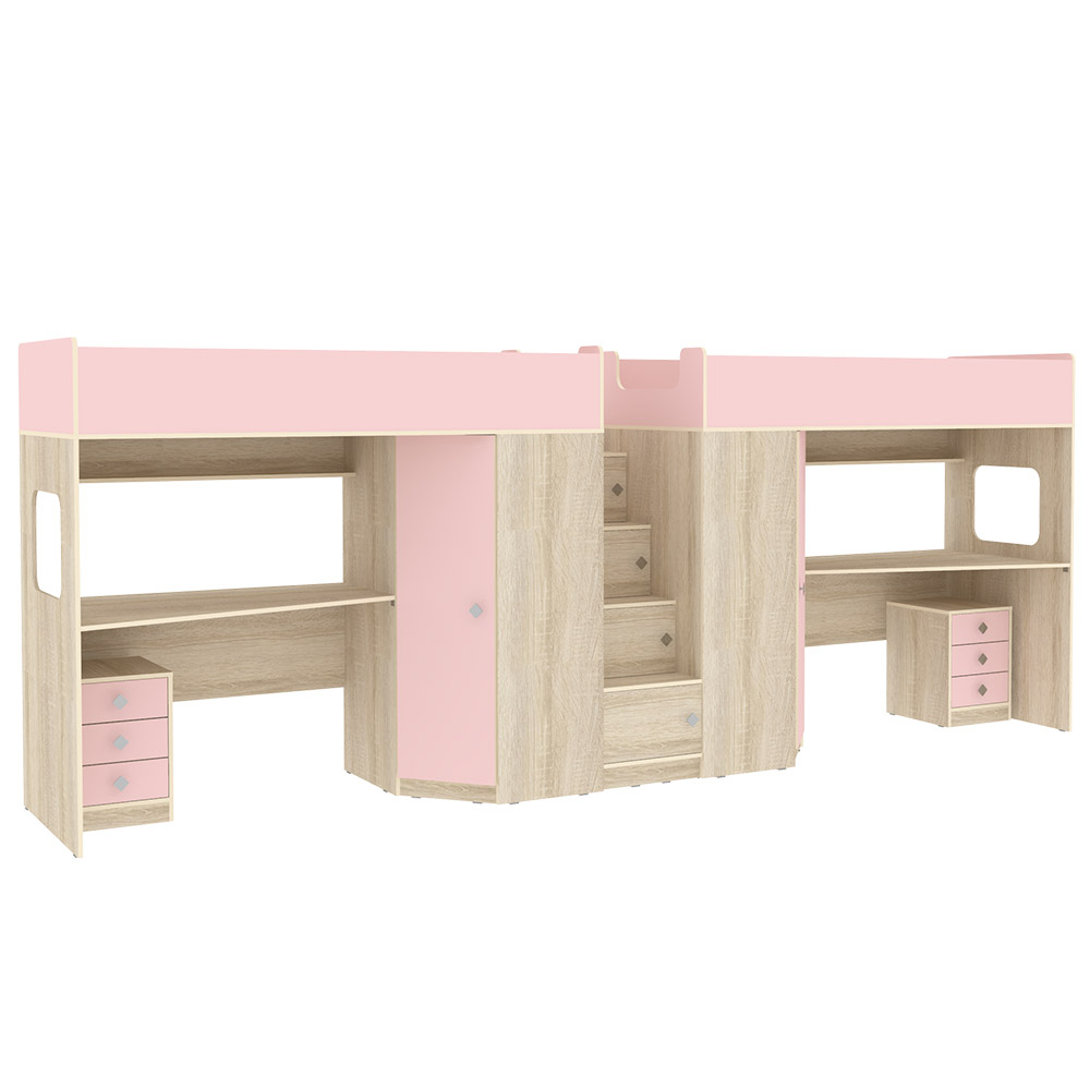 Двухъярусная кровать КарИВи Л-BB604-604 с тумбами 80х190 Дуб Сонома Розовый