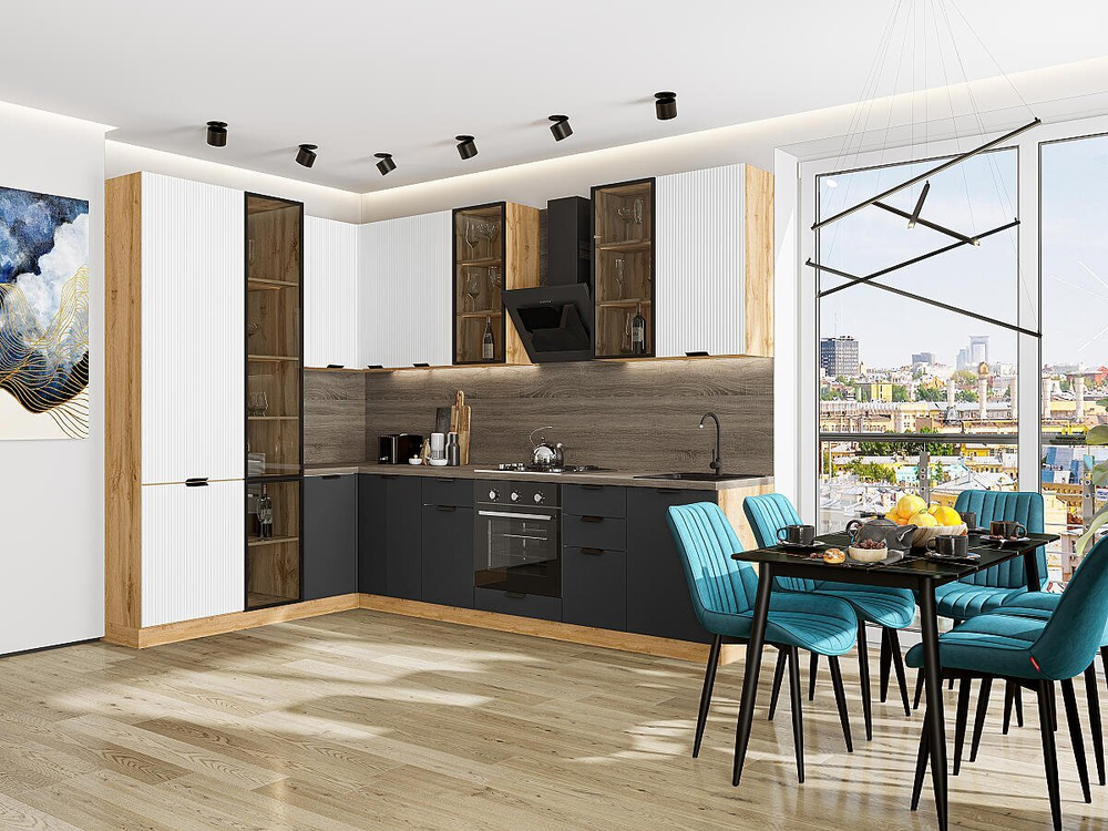 Прямая модульная кухня Евро Лайн-07 Белый/Антрацит - Дуб Вотан 2340*2000/3000*600