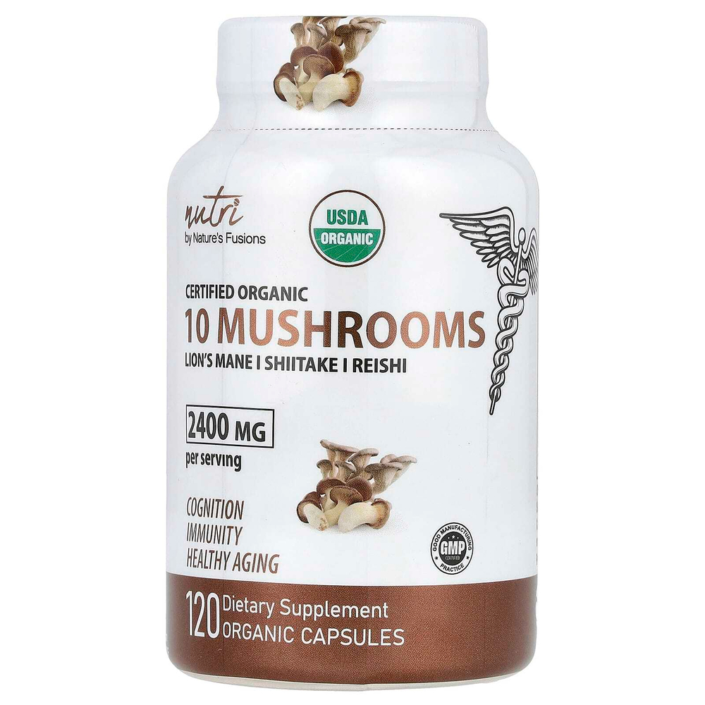 Nutri, Organic 10 Mushrooms, ежовик гребенчатый, шиитаке и рейши, 120 органических капсул