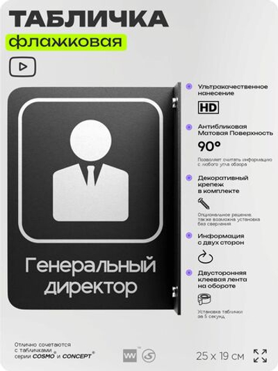 Табличка Генеральный директор флажковая на стену, двусторонняя с крепежом, 19 х 25 см, для офиса, кафе, ресторана, серия COSMO, Айдентика Технолоджи