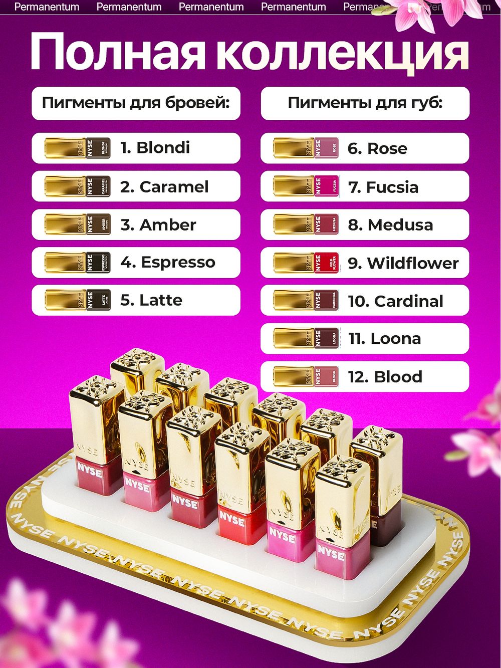 Сет пигментов NYSE GOLD для бровей и губ (12шт)