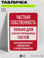 Табличка для частной территории "Частная собственность, только для зарегистрированных гостей", на дом, для участка, организаций, предупреждающая, 40х30 см, Silver Plane x Айдентика Технолоджи