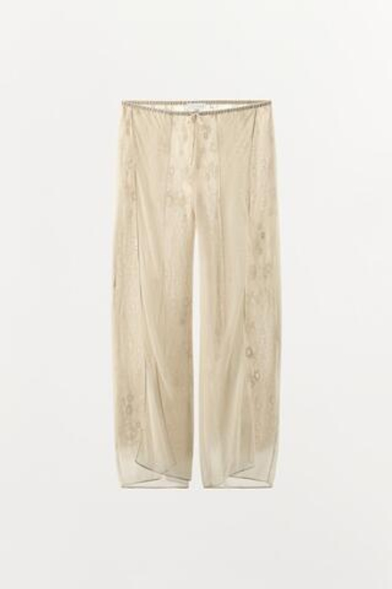ZARA БРЮКИ ИЗ КОМБИНИРОВАННОГО КРЕП-ЖОРЖЕТА И КРУЖЕВА, ЭКРЮ