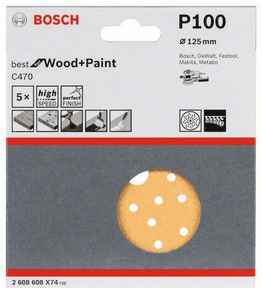 Шлифкруги 125 мм BOSCH 5 шлифлистов Best for Wood+Paint Multihole O K100