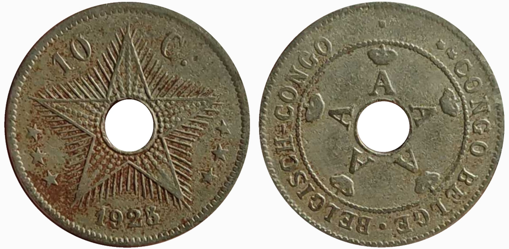 Бельгийское Конго 10 сантимов, 1910 - 1928 Звезда VF
