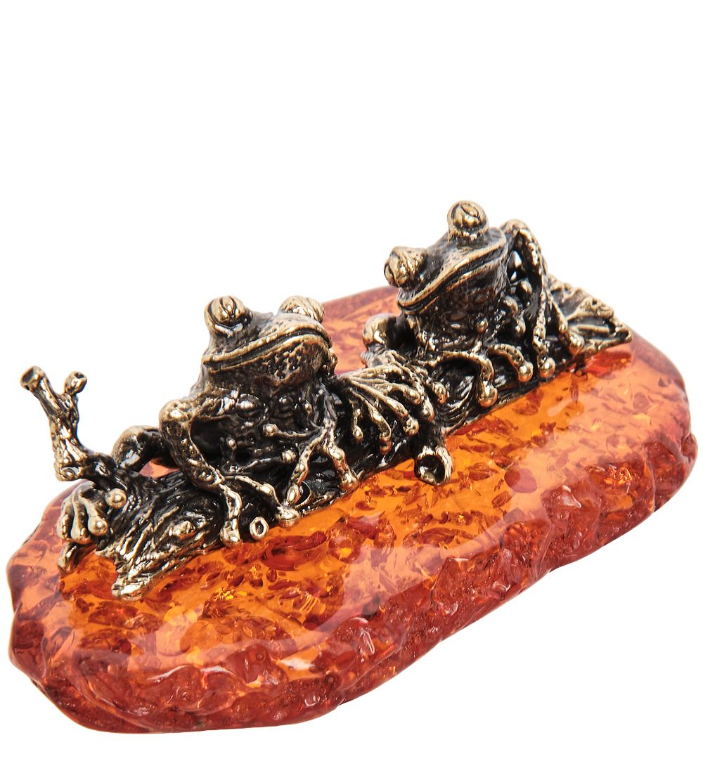 Народные промыслы AM-2142 Фигурка «Лягушки на бревне» (латунь, янтарь)