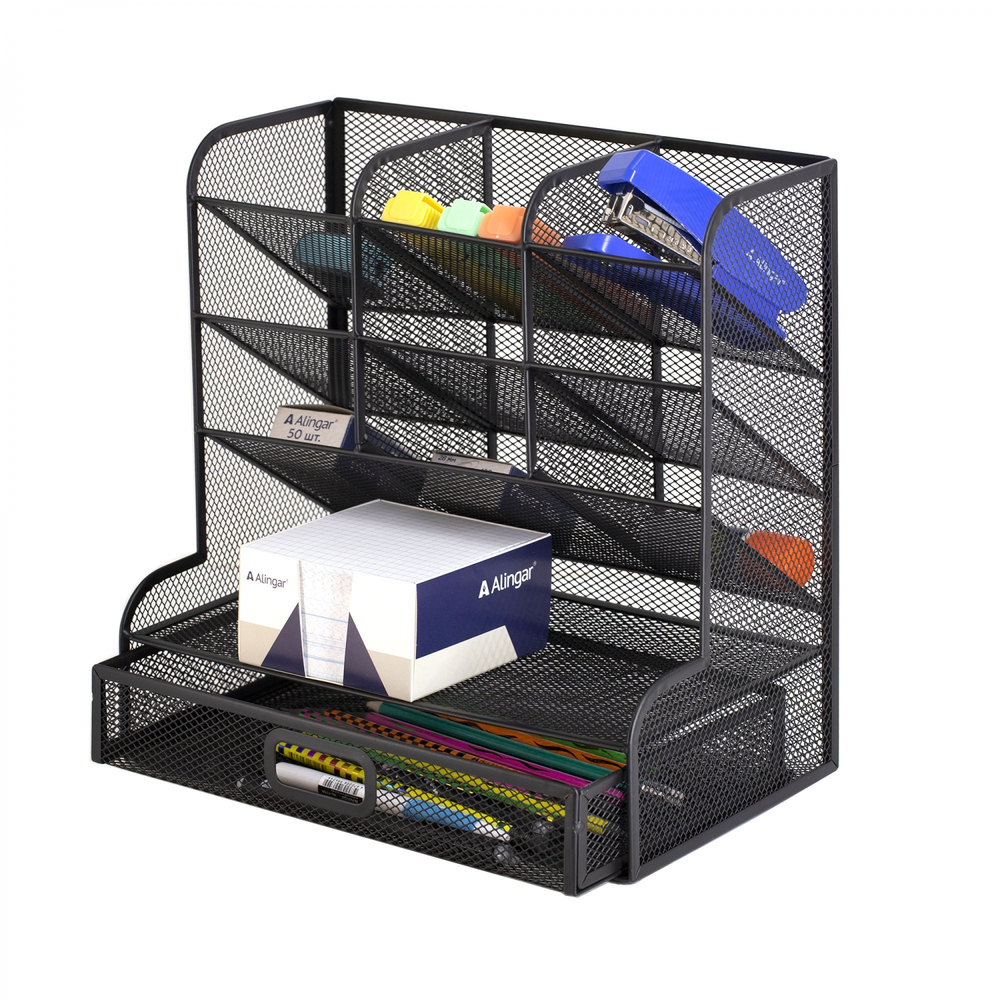 Подставка-органайзер д/канцтоваров, Alingar, металлическая, 27*15*27 см, 11 отделений, выдвижной ящик, черный