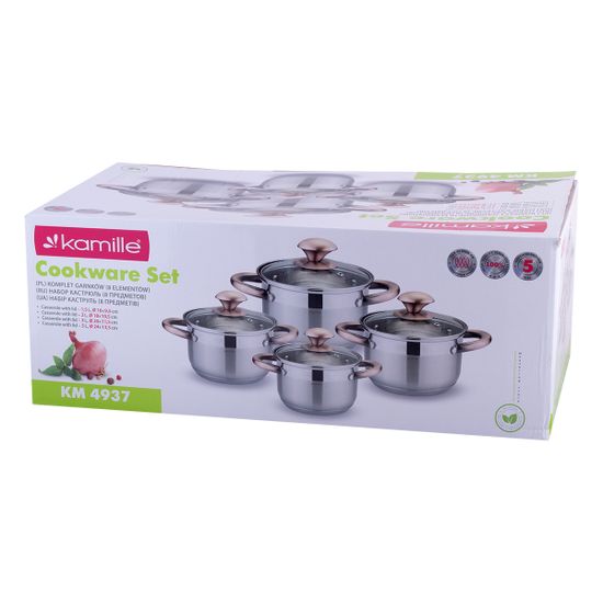 Набор кастрюль 8 предметов Kamille KM 4937 (1,5 л; 2 л; 3 л; 5 л.) из нержавеющей стали с ручками под медь