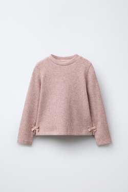 ZARA БЛЕСТЯЩАЯ ФУТБОЛКА В РУБЧИК С БАНТАМИ, РОЗОВЫЙ МЕЛАНЖ