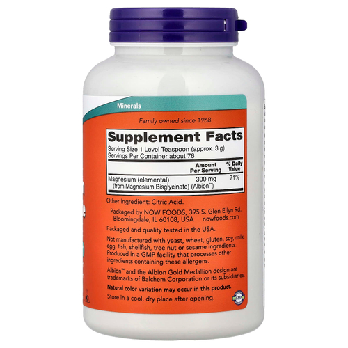 NOW Foods, порошок бисглицината магния, 227 г (8 унций)