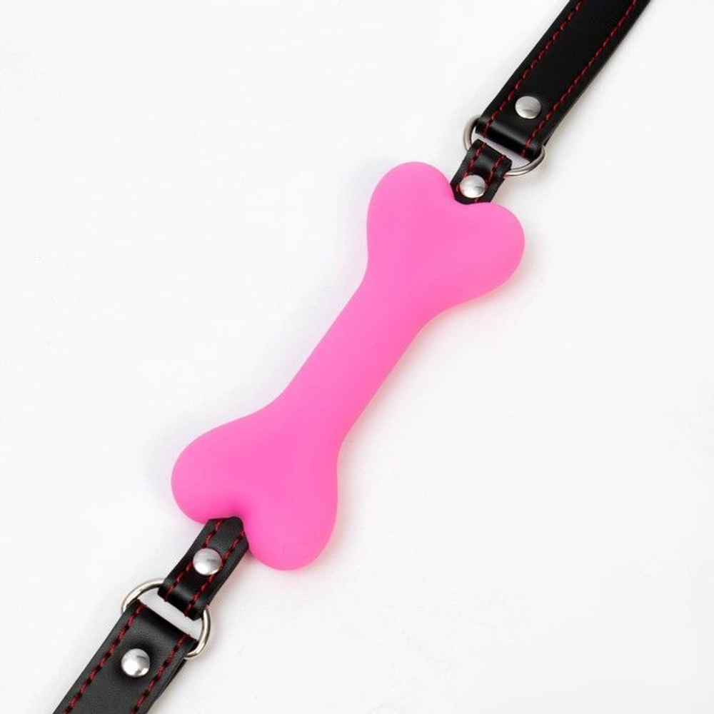 Розовый кляп-косточка с черными ремешками (Цвет: розовый с черным)