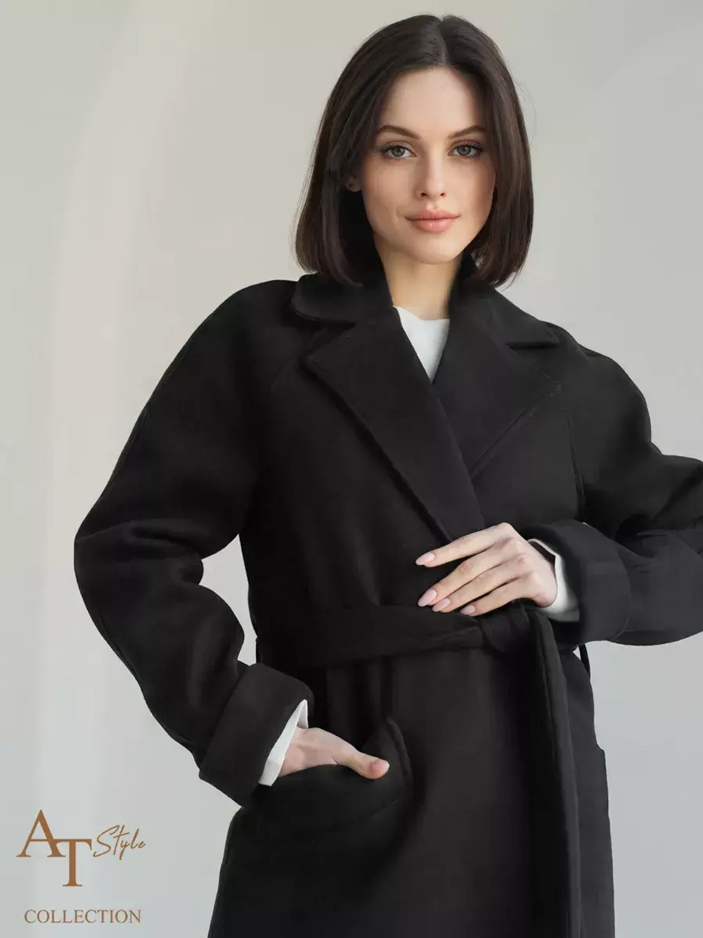 Пальто халат с запахом шерсть драповое демисезонное