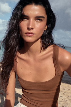 ZARA ХЛОПКОВАЯ ФУТБОЛКА БЕЗ РУКАВОВ, РЫЖЕВАТО-КОРИЧНЕВЫЙ МЕЛАНЖ