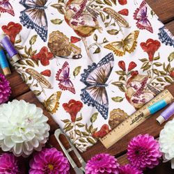 Ткань барби красные цветы, гранаты и бабочки