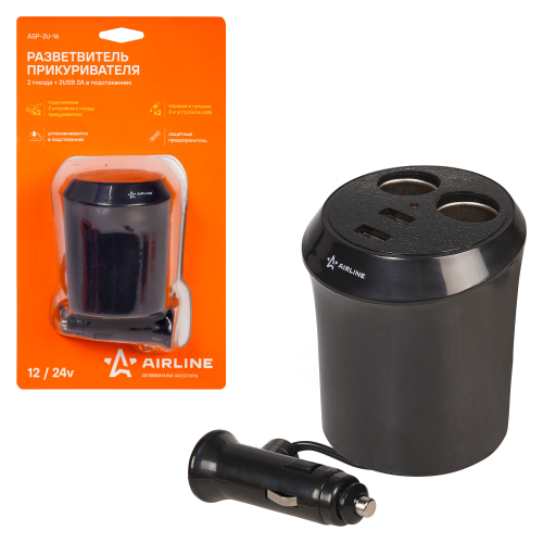 Прикуриватель 2 гнезда 12/24 В USB в подстаканник Airline