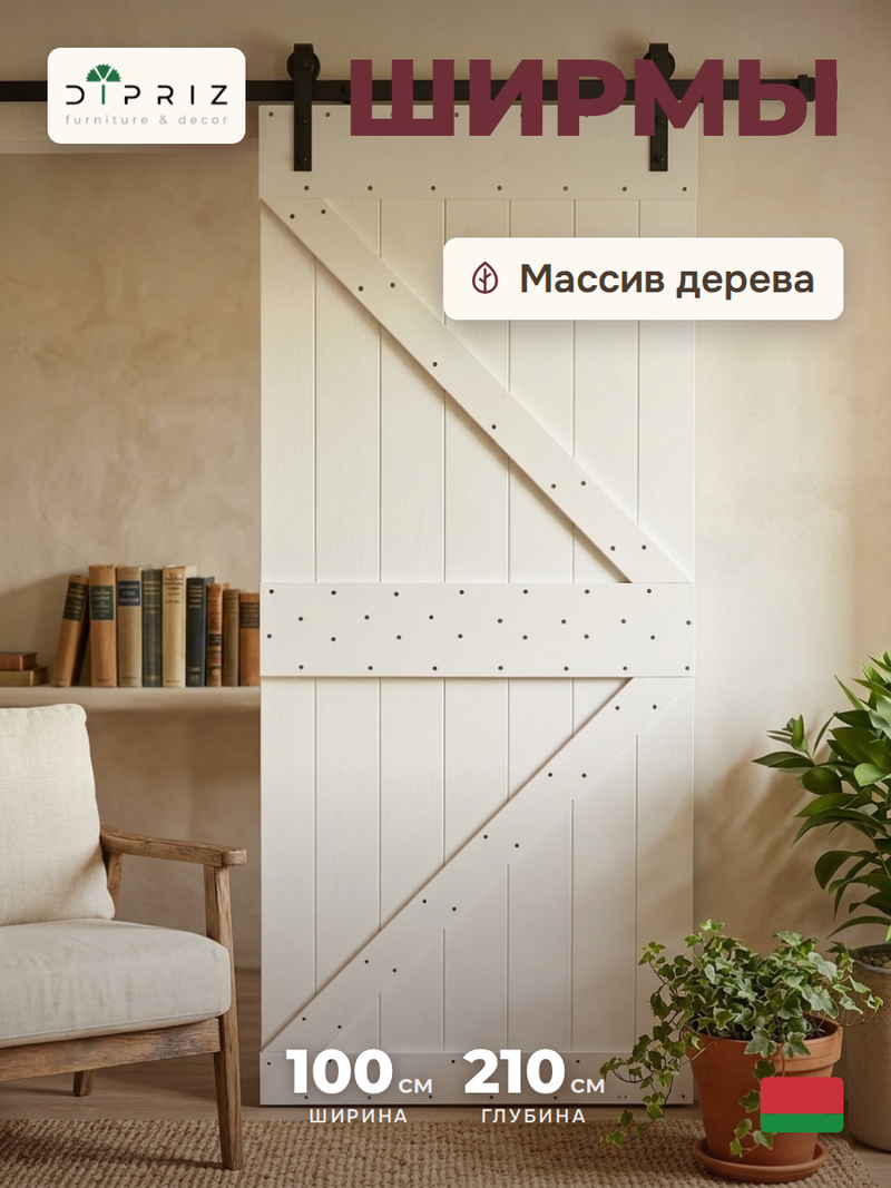 Дверь межкомнатная,100х210, Дези, из массива дерева, амбарная дверь, для дома и бани, белая, Dipriz