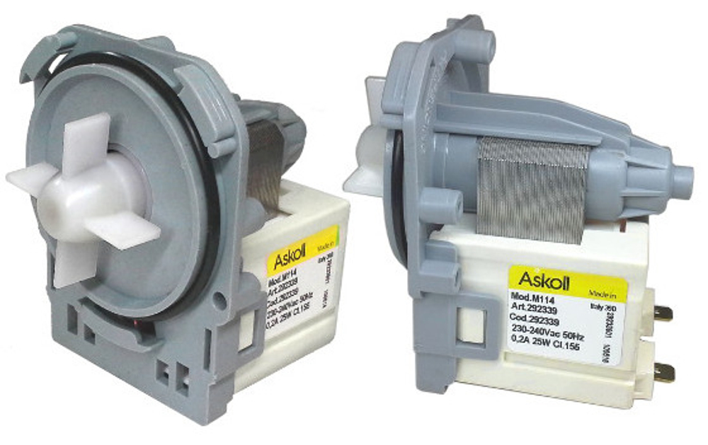 Насос/помпа для стиральной машины (M114) ASKOLL 25W, 3 защелки, клеммы назад раздельно белый 10MA56, 63AB814, 50293177007, 1322082015, 1322082007,