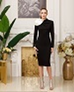 02-01-21 FW Трикотажное платье с воротником в виде розы, черный, белый XL