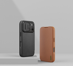 Кожаный чехол книжка коричневого цвета для iPhone 17 Pro, серия Qin Pro Leather от Nillkin