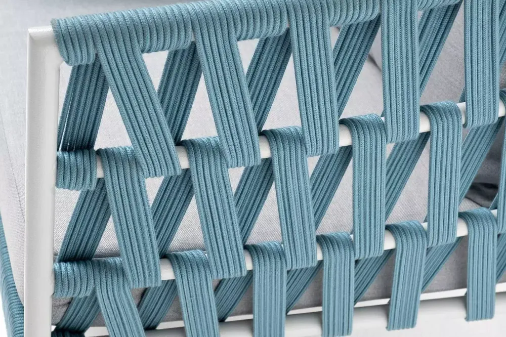 "Диего" кресло плетеное из роупа, каркас алюминий светло-серый (RAL7035) муар, роуп бирюзовый круглый, ткань светло-серая