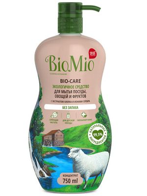 BIO-CARE Экологичное средство для мытья посуды, овощей и фруктов БЕЗ ЗАПАХА, с экстр. ХЛОПКА и ионами СЕРЕБРА. Концентрат 750 мл