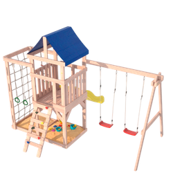 Детская площадка для улицы и дачи Fun Land неокрашенная с сеткой стенкой и качелями