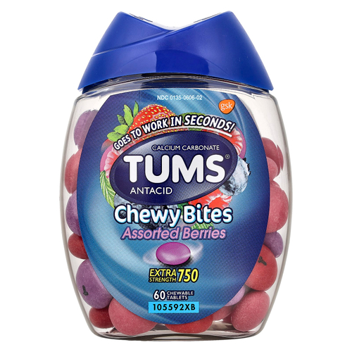 Tums, антацид, жевательные таблетки, ассорти ягод, 750 мг, 60 жевательных таблеток
