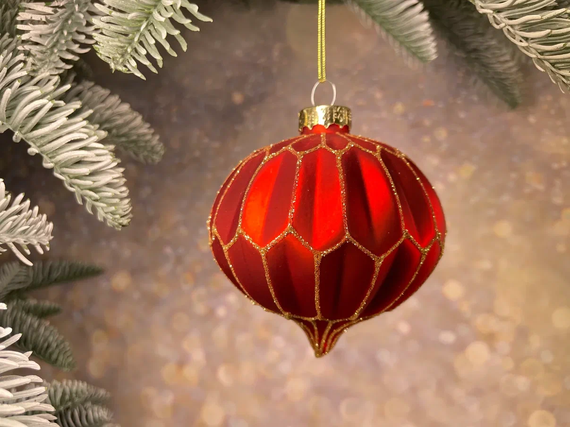 Набор стеклянных украшений Золотой узор 80 мм., 12 шт., красный, Christmas DeLuxe (86800)