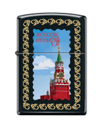 Легендарная классическая американская бензиновая широкая зажигалка ZIPPO Classic Black Matte™ черная матовая из латуни и стали с рисунком "Московский кремль" ZP-218 MOSCOW KREMLIN FRAMED