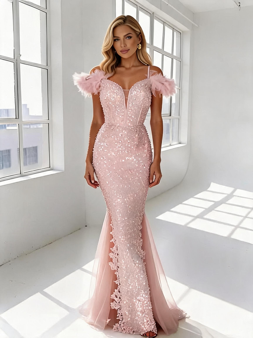 вечернее платье с пайетками и перьями + plus size