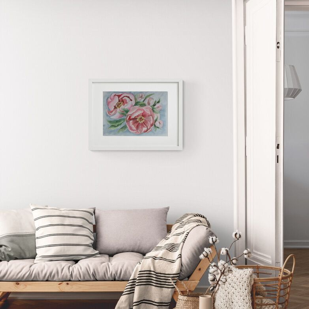 Картина авторская акварельная в раме 40х50 см на стену для интерьера "Пионы"