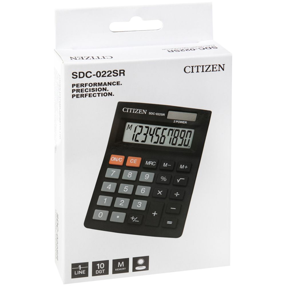 Калькулятор настольный Citizen 10 разрядов SDC-022SR двойное питание 127х88х33мм черный