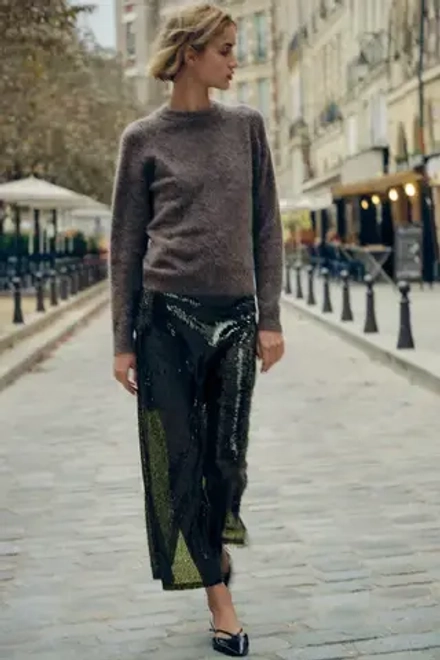 ZARA ОДНОТОННЫЙ СВИТЕР ИЗ ШЕРСТИ И АЛЬПАКИ, СЕРО-КОРИЧНЕВЫЙ