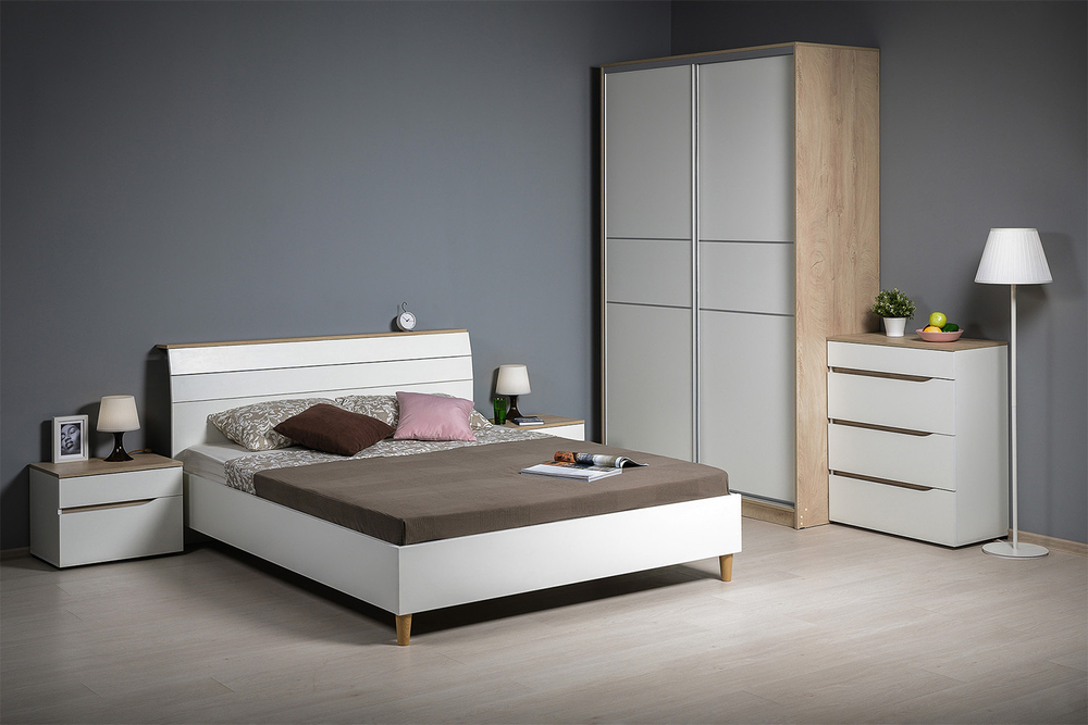 Кровать с ортопедическим основанием Муссон 11.41, Белый шагрень, Дуб эндгрейн