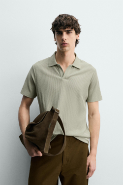 ZARA ПОЛО REGULAR FIT ИЗ ХЛОПКА С РЕЛЬЕФНЫМ УЗОРОМ, СЕРО-ЗЕЛЕНЫЙ