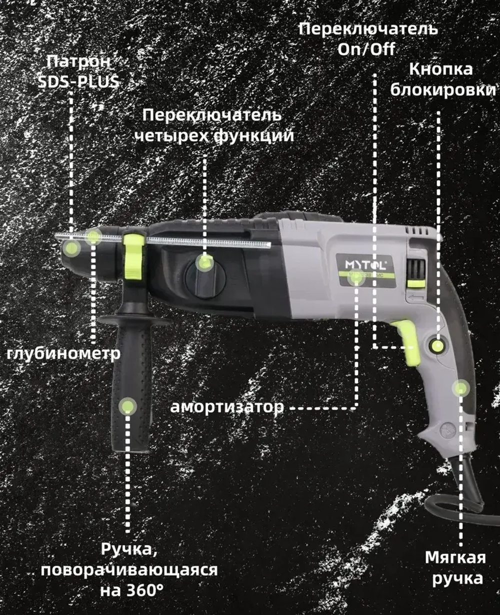 MYTOL Перфоратор электрический ,1050 Вт,2.2 Дж,SDS-PLUS,3 режима работы