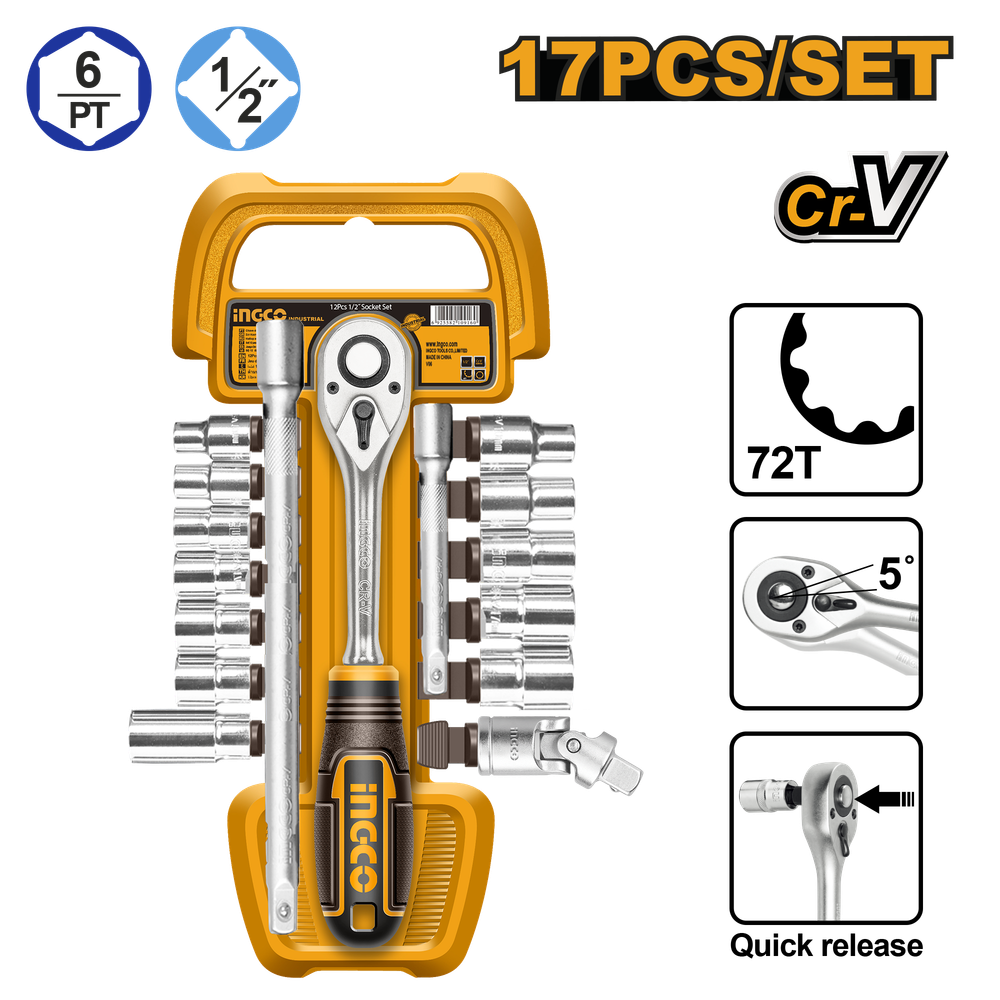 Набор торцевых головок с трещоткой INGCO HKTS12171 INDUSTRIAL 1/2&quot; 10-24 мм 17 шт.