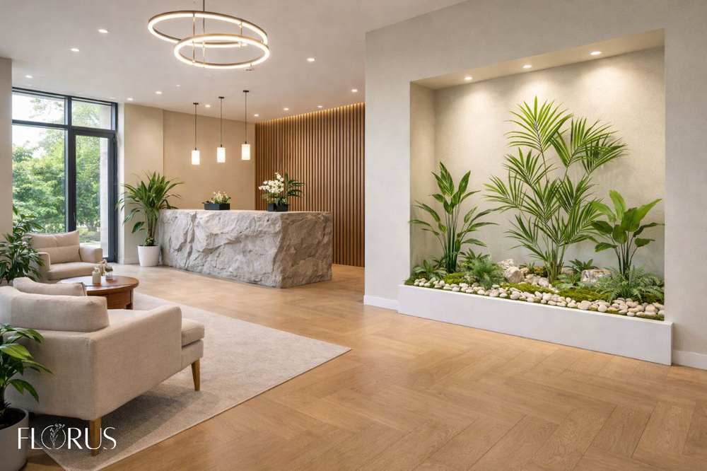 Напольная композиция в стиле тропики с пальмой, длина 2–2,5 м