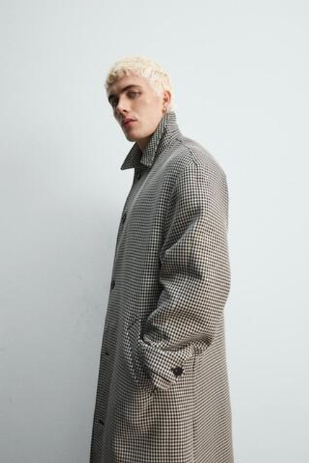 ZARA ПАЛЬТО ИЗ РЕЛЬЕФНОЙ ТКАНИ В КЛЕТКУ LIMITED EDITION, БЕЛЫЙ/ЧЕРНЫЙ