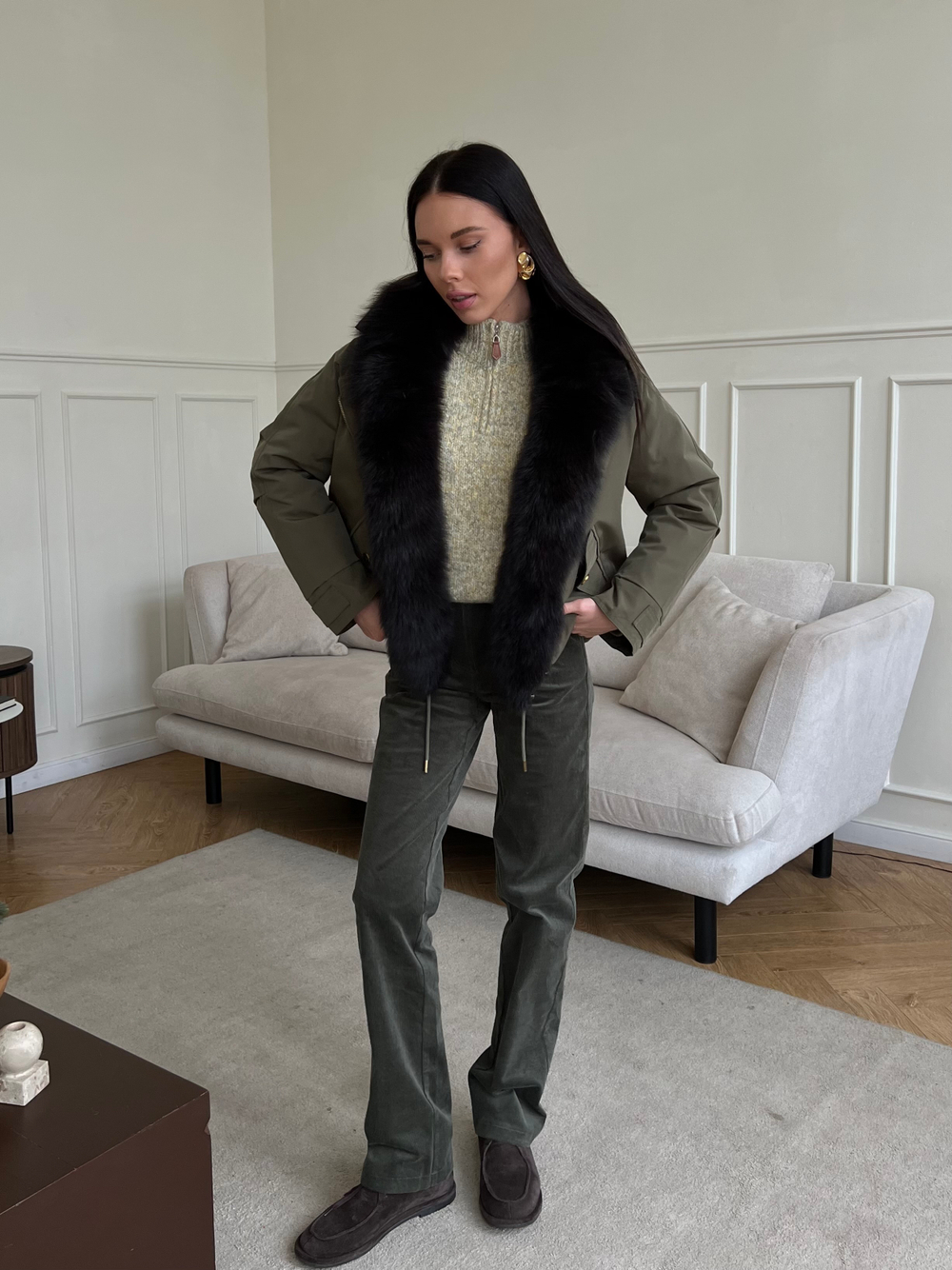 Парка Extra Lux с натуральным мехом хаки