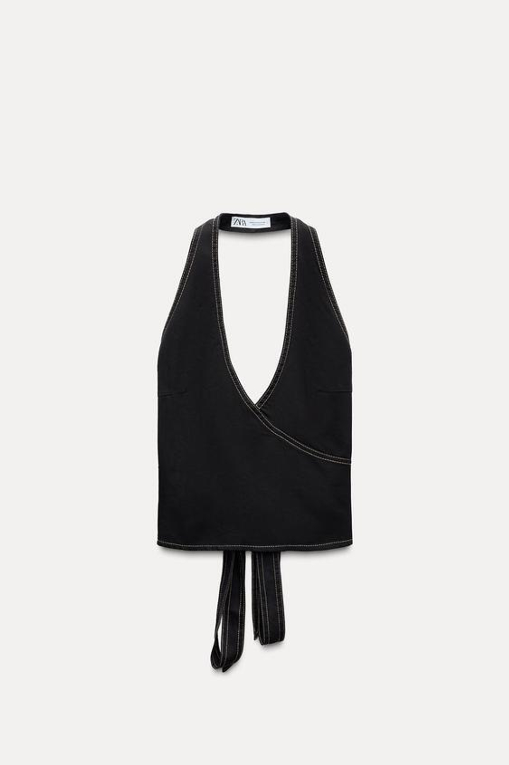 ZARA ДЖИНСОВЫЙ ТОП TRF С ГОРЛОВИНОЙ ХАЛТЕР И ДЕКОРАТИВНОЙ СТРОЧКОЙ, ЧЕРНЫЙ