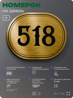 Номерок на дверь квартиры 518, для кабинета, офиса, шильдик 9 х 7 см, золотистый, Айдентика Технолоджи