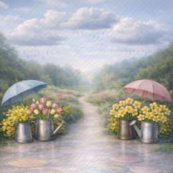 Дет сад облака и зонтики (реалистик) - фон неопреновый