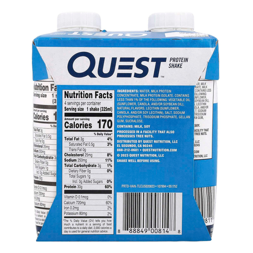 Quest Nutrition, Протеиновый коктейль, ваниль, 4 коктейля, 325 мл (11 жидк. унц.)