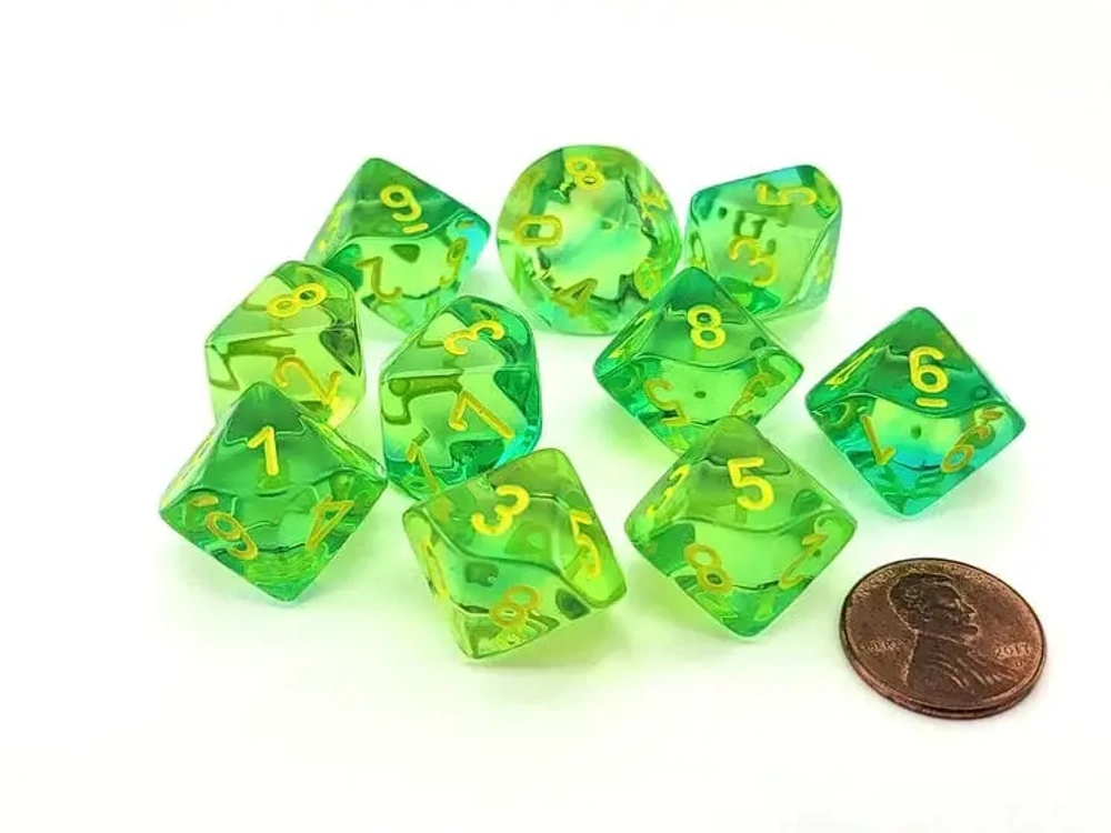 Chessex 10-D10 set Gemini Translucent Green Teal / Yellow
