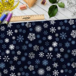 Ткань таффета белые и голубые снежинки на тёмно-синем фоне