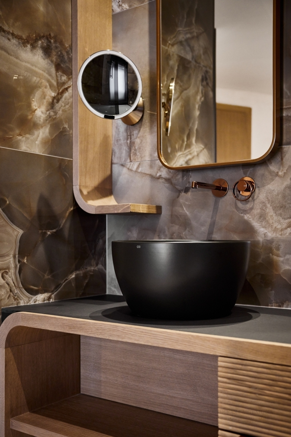 Смеситель для раковины Gessi Anello, настенный, длинный излив, встраиваемый, цвет Copper Brushed PVD
